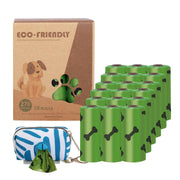 Eco-friendly green poop bags with bone prints, 18 rolls, 270 bags, and a portable dispenser pouch for easy cleanup.